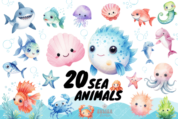 Download Cute Sea Animals Watercolor Clipart - Cute sea animals Collection
