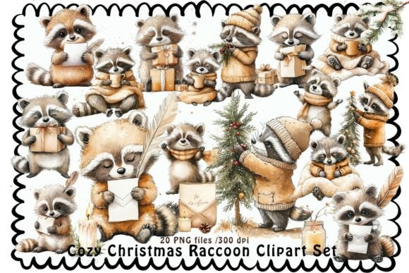 Download Cozy Christmas Raccoon Clipart Set - Raccoon clipart Collection